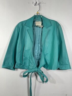 Badgley Mischka Vintage Teal Leather Jacket Silk Lined Cropped Tie Waist Sz‎ M/8